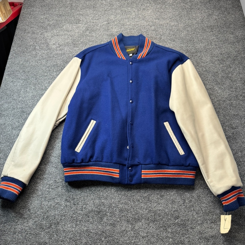 Vintage Jostens Varsity Jacket L Blue Virgin Wool White Leather Sleeves Rennoc